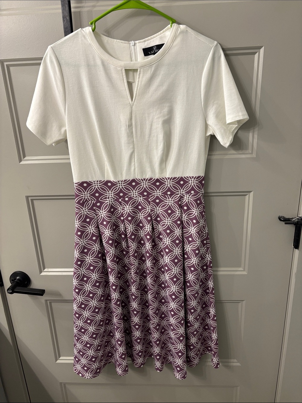 White & Purple Patterned Fit-and-Flare Midi Dress